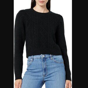 NWT THE DROP SZ L Women's Gloria Puff Sleeve Cable-Knit Sweater in Black
